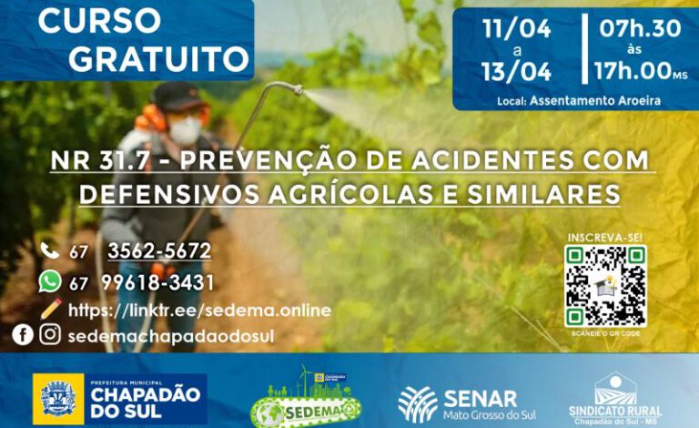 Prefeitura de Chapadão do Sul disponibiliza curso de Prevenção de Acidentes com Defensivos Agrícolas, Aditivos, Adjuvantes e Similares